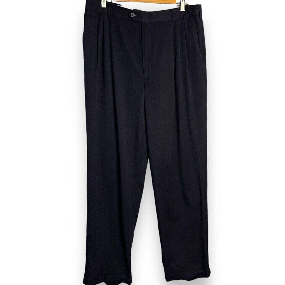 Bravini Couture Dress Pants Men's 36 X 32 Navy Blue Pockets Career Retro Pleated